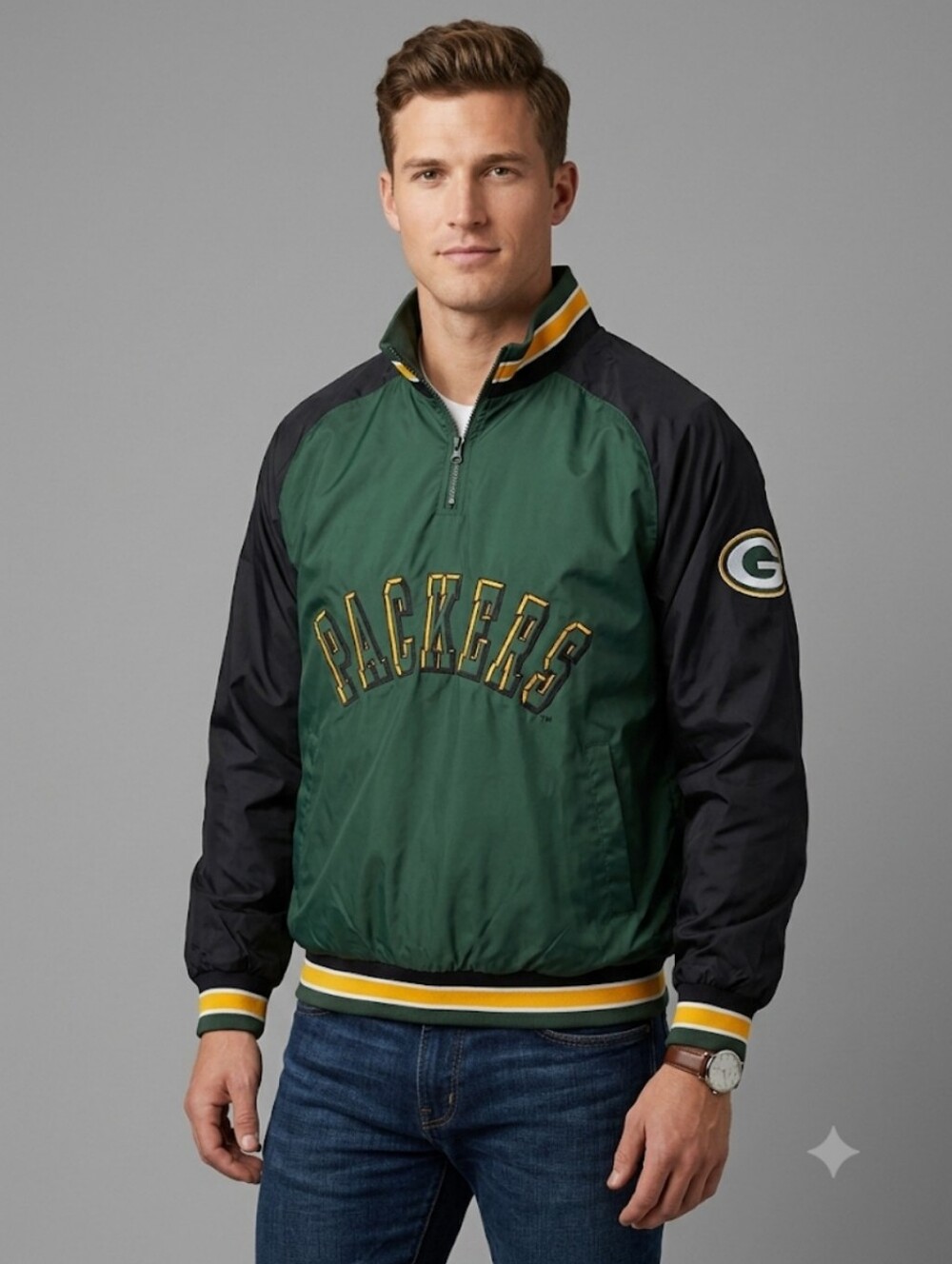 Vintage 90's Chalk Line Green Bay Packers Black 1/4 Pullover Jacket Men's Large